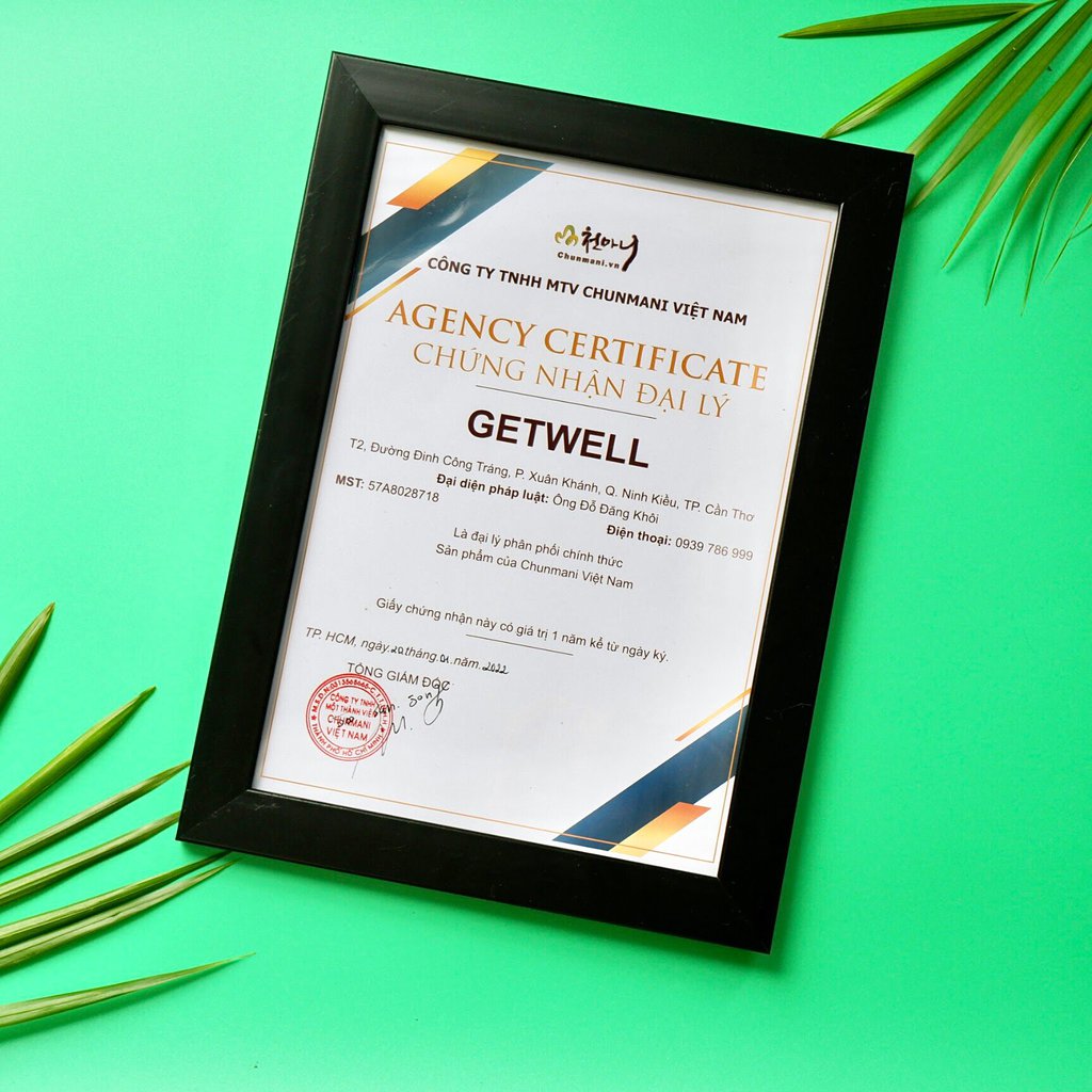 Giấy chứng nhận Getwell (Lona Vn) là đại lý phân phối chính thức sản phẩm của Chunmani Việt Nam.