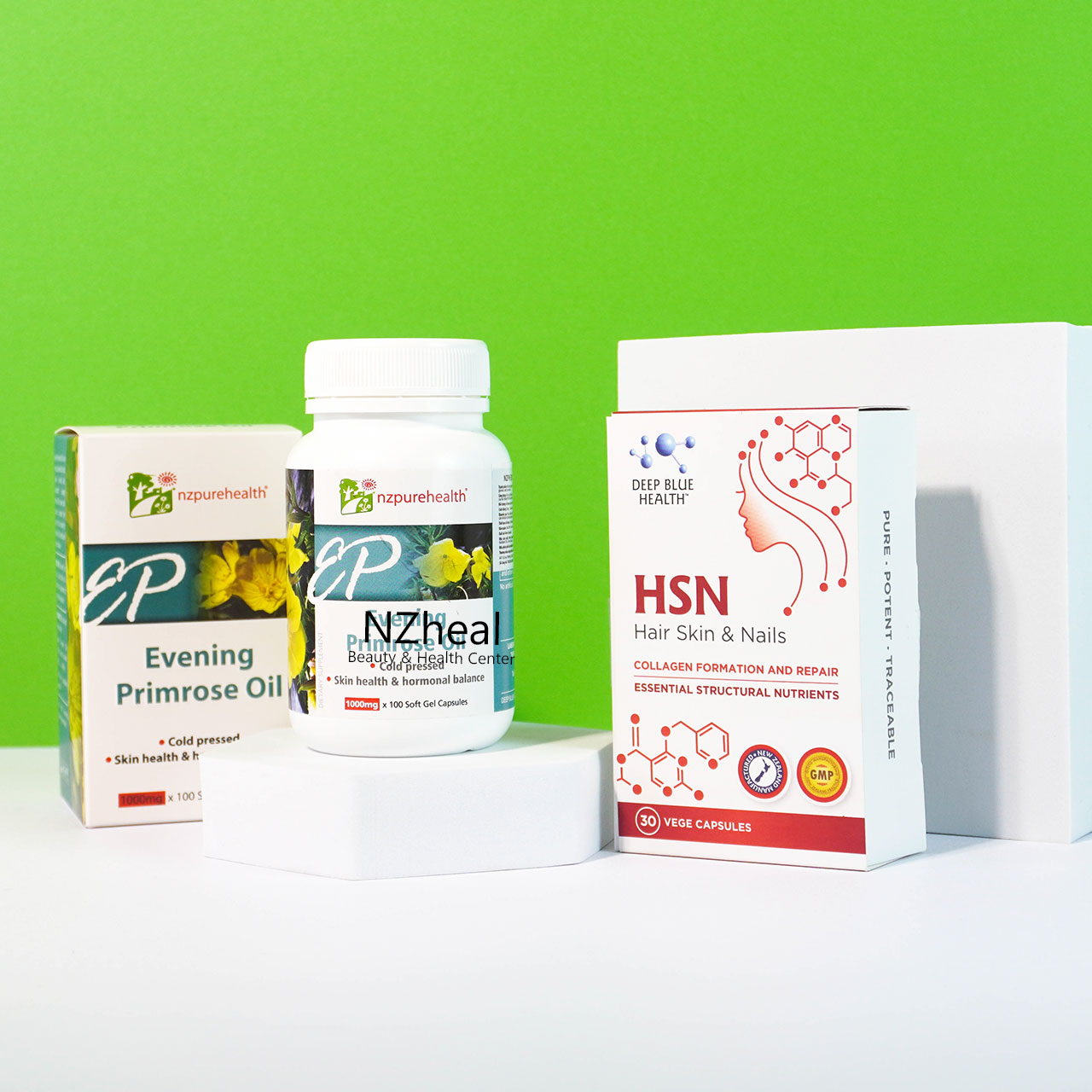 Bộ đôi giảm mụn nội tiết, dưỡng tóc móng: Dầu hoa anh thảo Evening Primrose Oil Nzpurehealth và Viên kẽm HSN Deep Blue Health