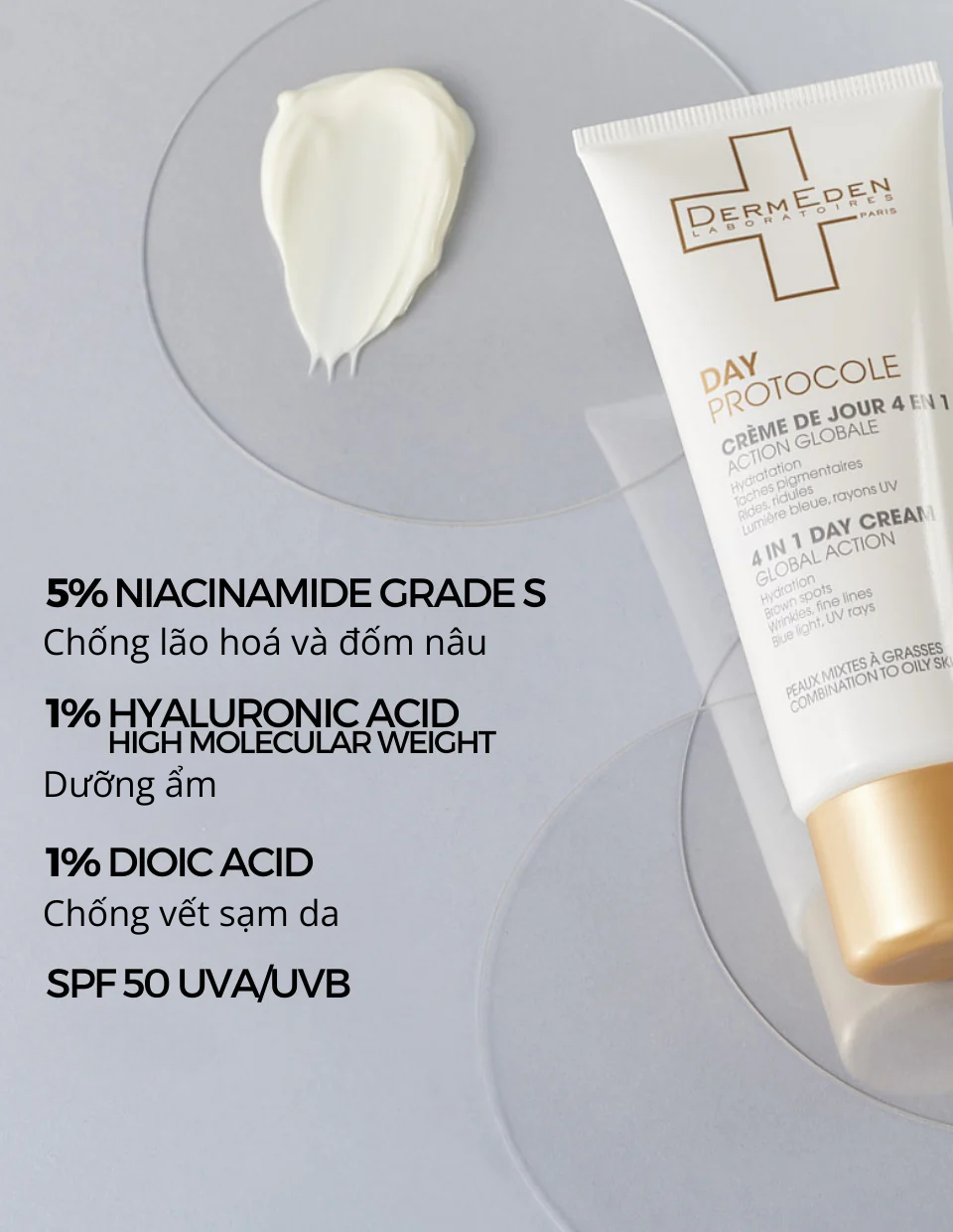 Kem chống nắng 4 in 1 DermEden Day Cream Global Action Combination Skin SPF 50 PA+++ - Da hỗn hợp/ da dầu (50ml)