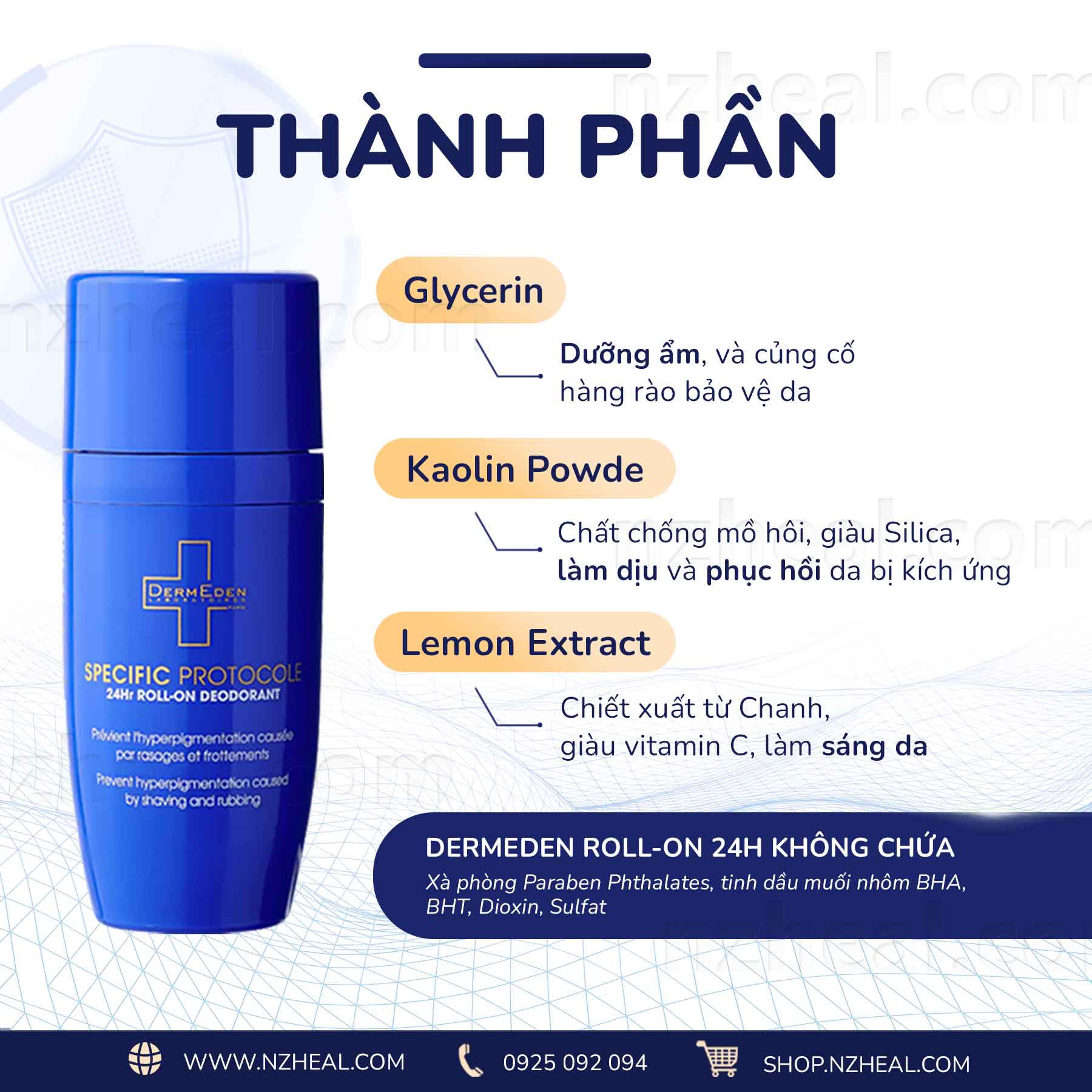 Lăn khử mùi, ngăn tiết mồ hôi DermEden Roll On 24H Deodorant (50ml) 1