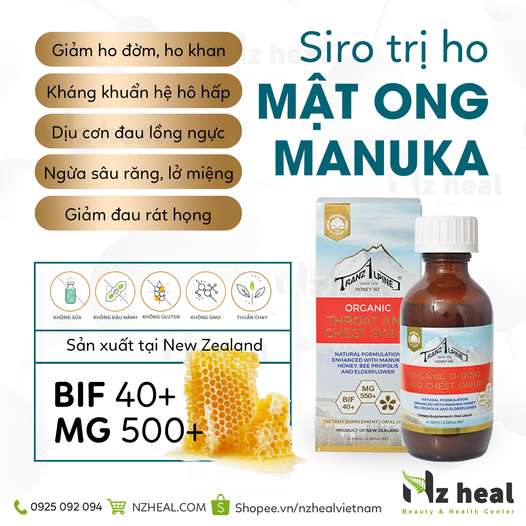 Siro giảm ho, trị đau họng Organic Manuka Throat and Chest Syrup MG550+