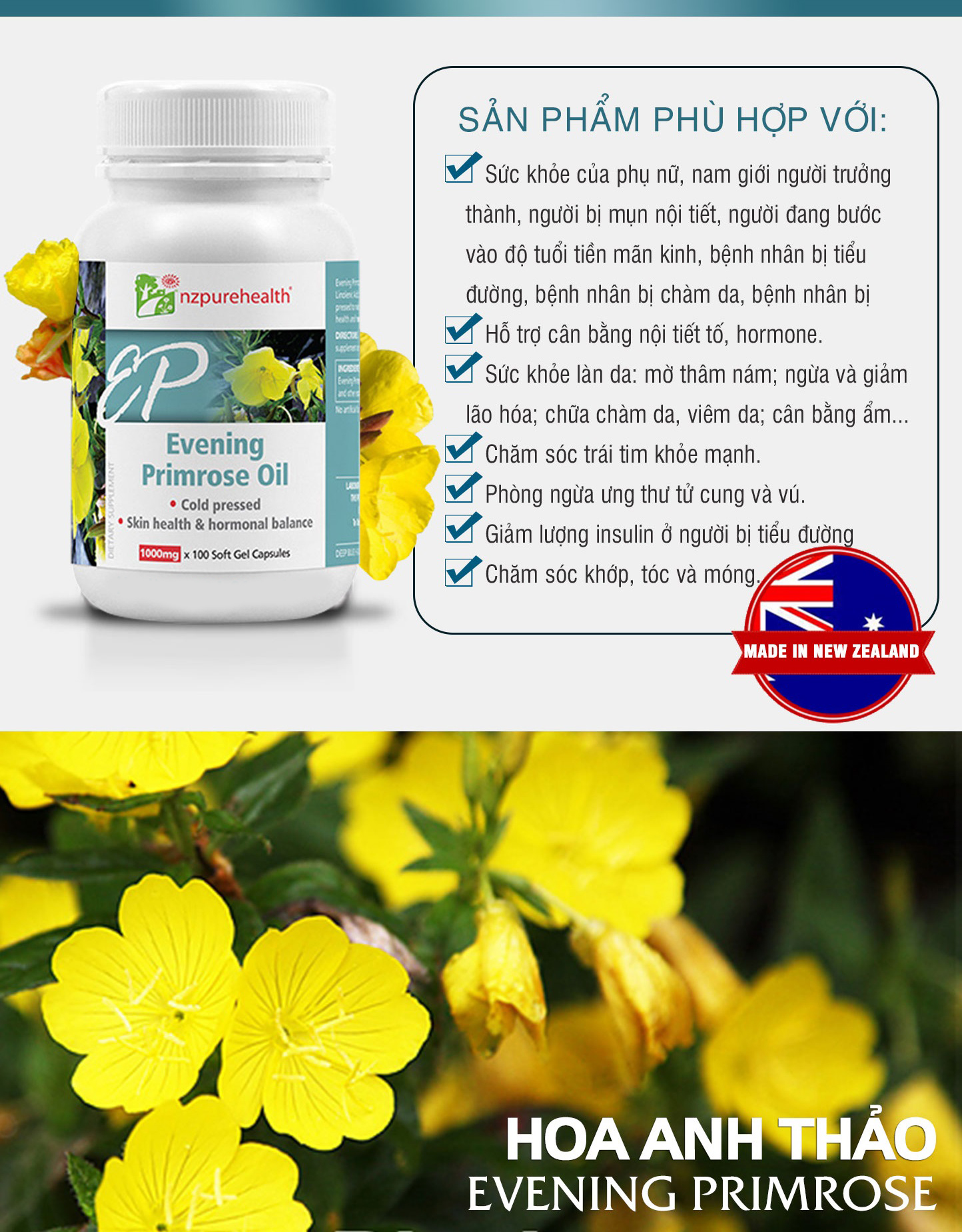 Viên Uống Dầu Hoa Anh Thảo Nz Purehealth Evening Primrose Oil 100 Viên