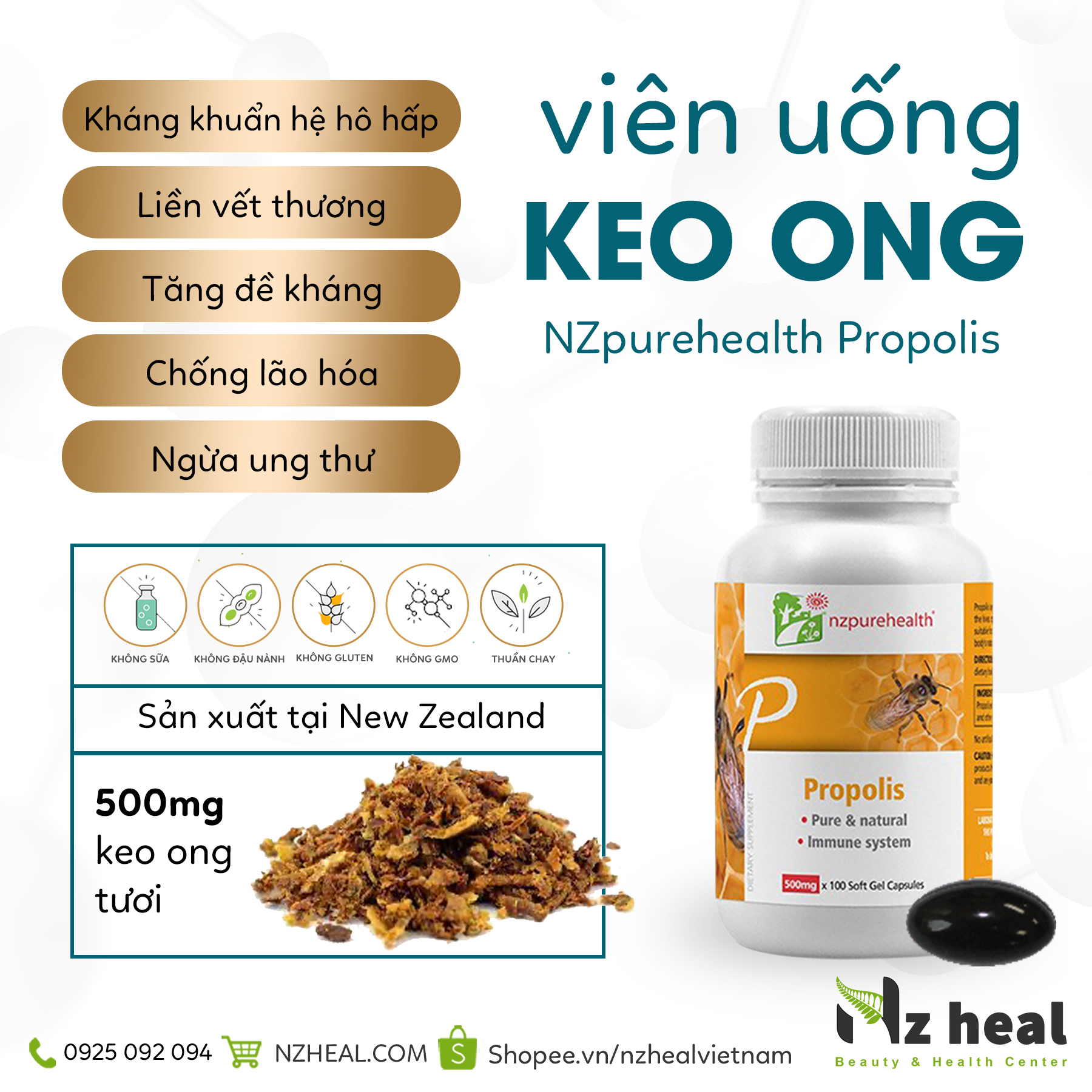 Viên Uống Keo Ong Tăng Đề Kháng Propolis NzPureHealth