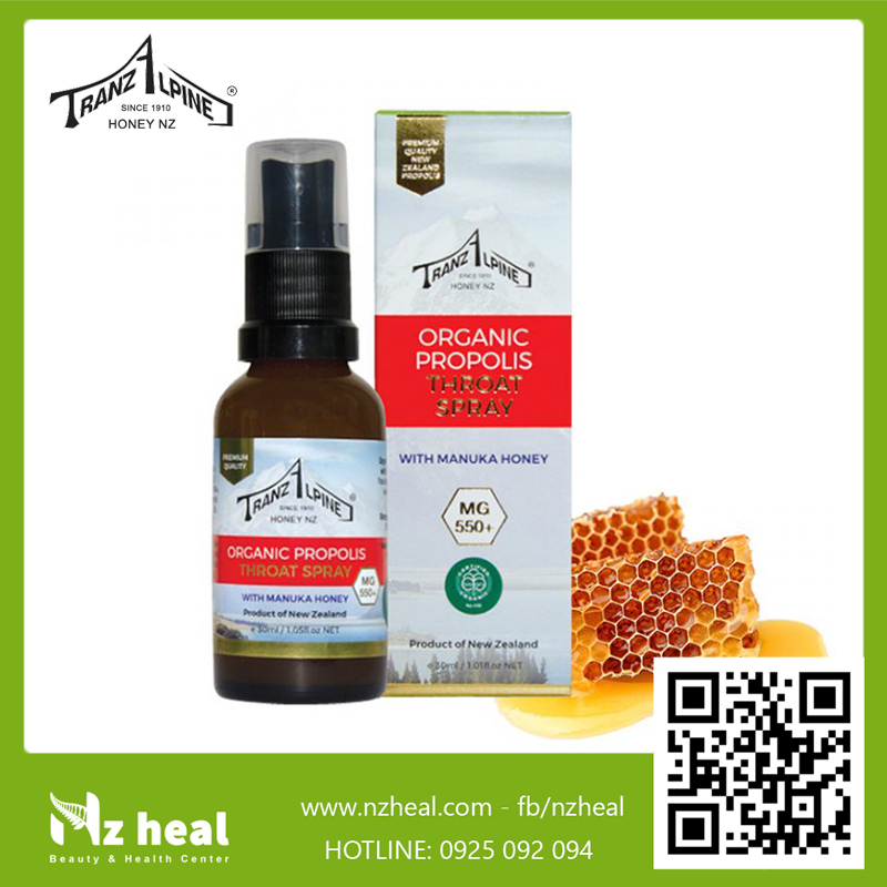 Xịt họng keo ong Organic Propolis Throat Spray with Manuka Honey MG550+