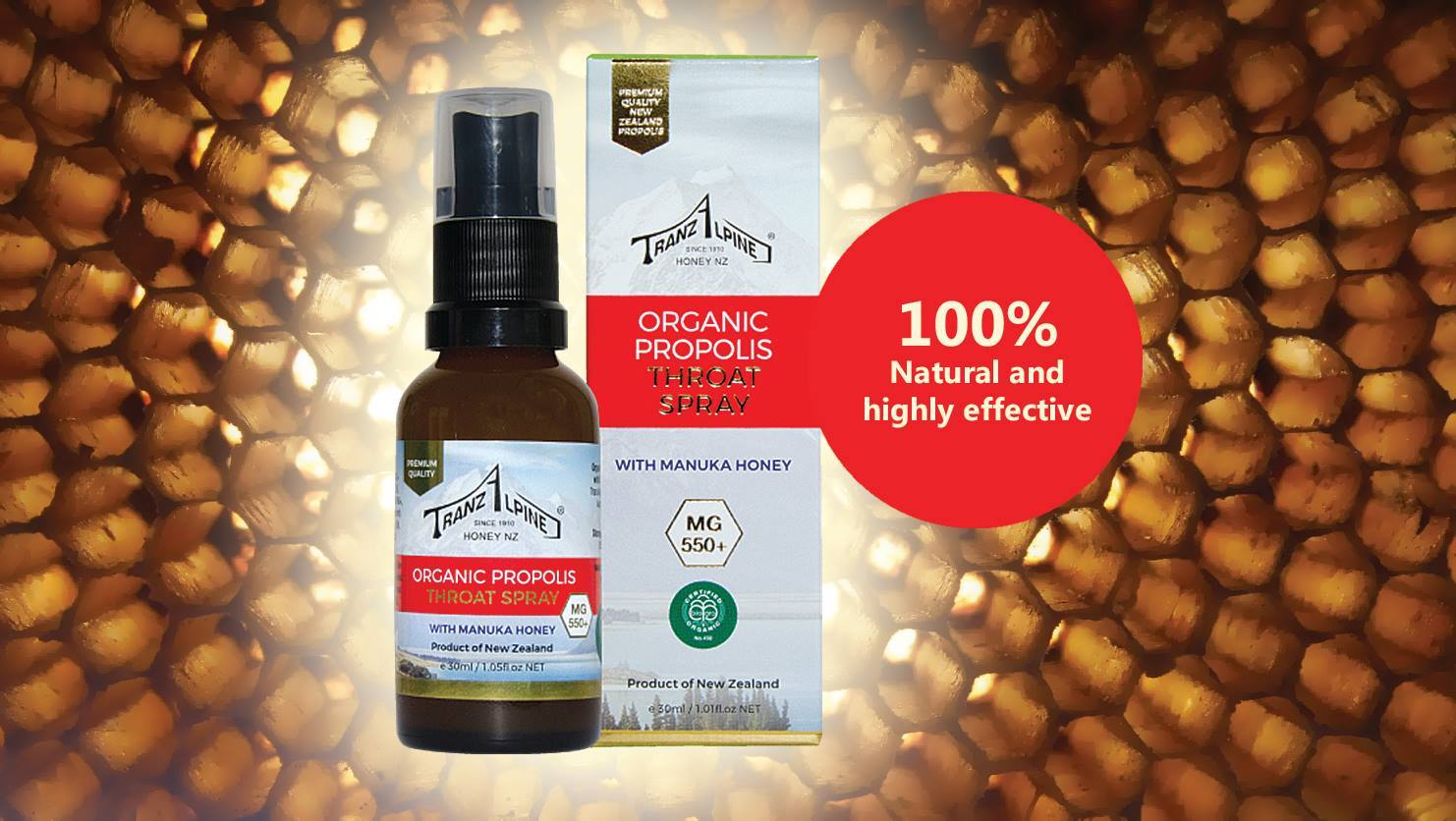 Xịt keo ong Organic Propolis Throat Spray with Manuka Honey MG550+