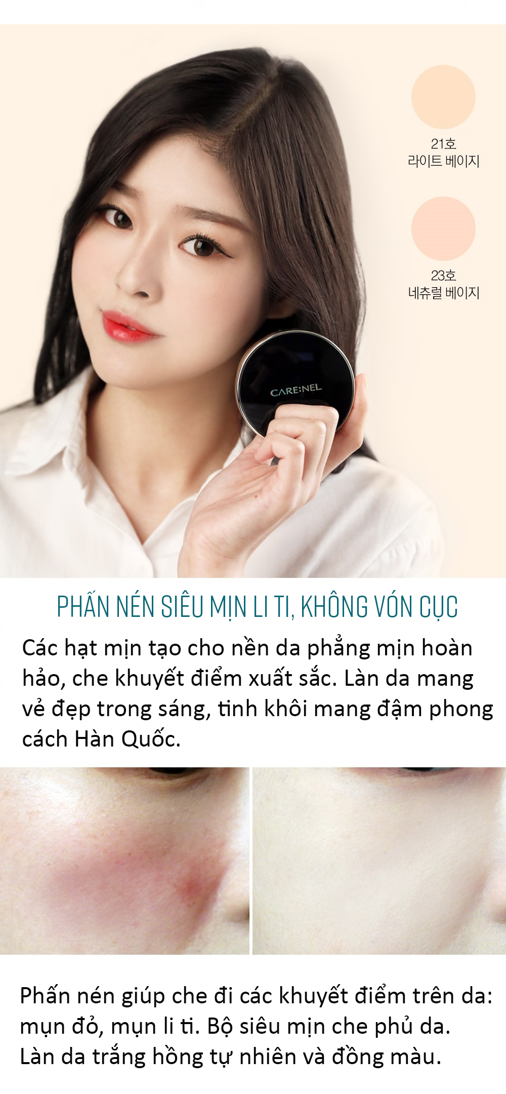 Phấn nền nén Carenel MOTD Shine Pact - thành phần và kết cấu hạt phấn