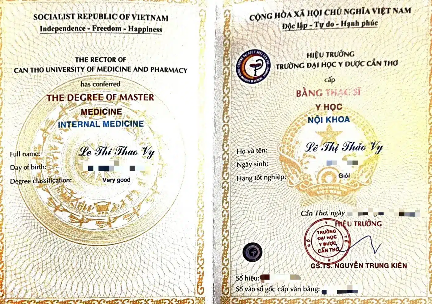 Bằng Thạc sĩ của bác sĩ Lê Thị Thảo Vy, Trường Đại học Y Dược Cần Thơ
