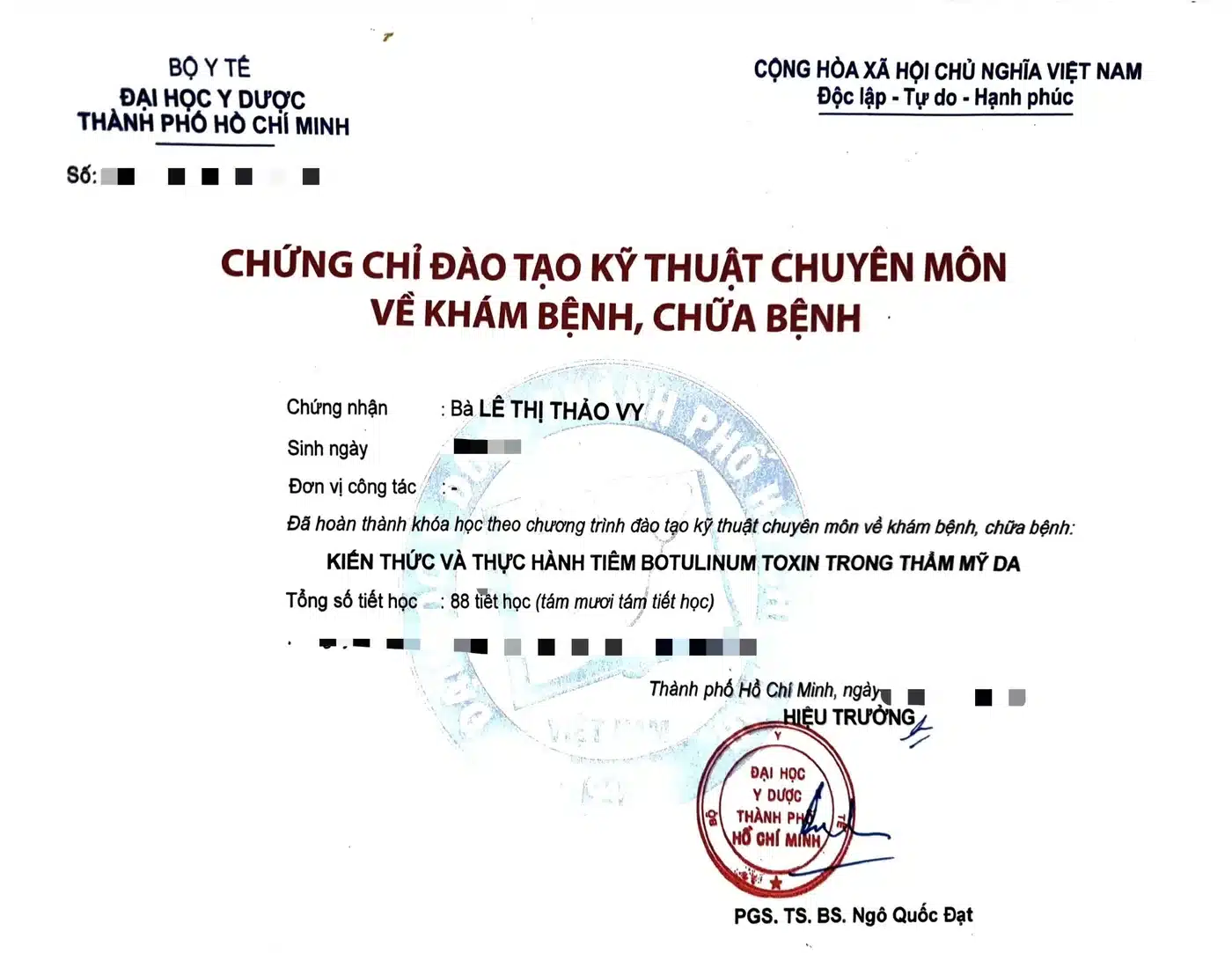 Chứng chỉ kiến thức và thực hành tiêm Botulinum Toxin trong thẩm mỹ