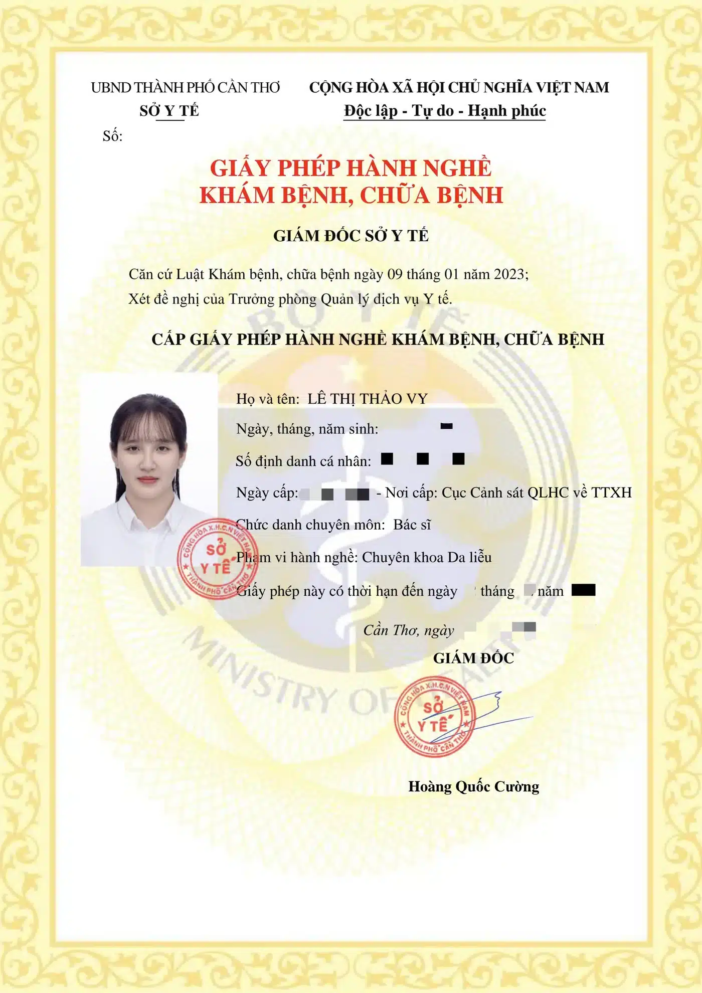 Giấy phép hành nghề khám bệnh, chữa bệnh của bác sĩ Lê Thị Thảo Vy