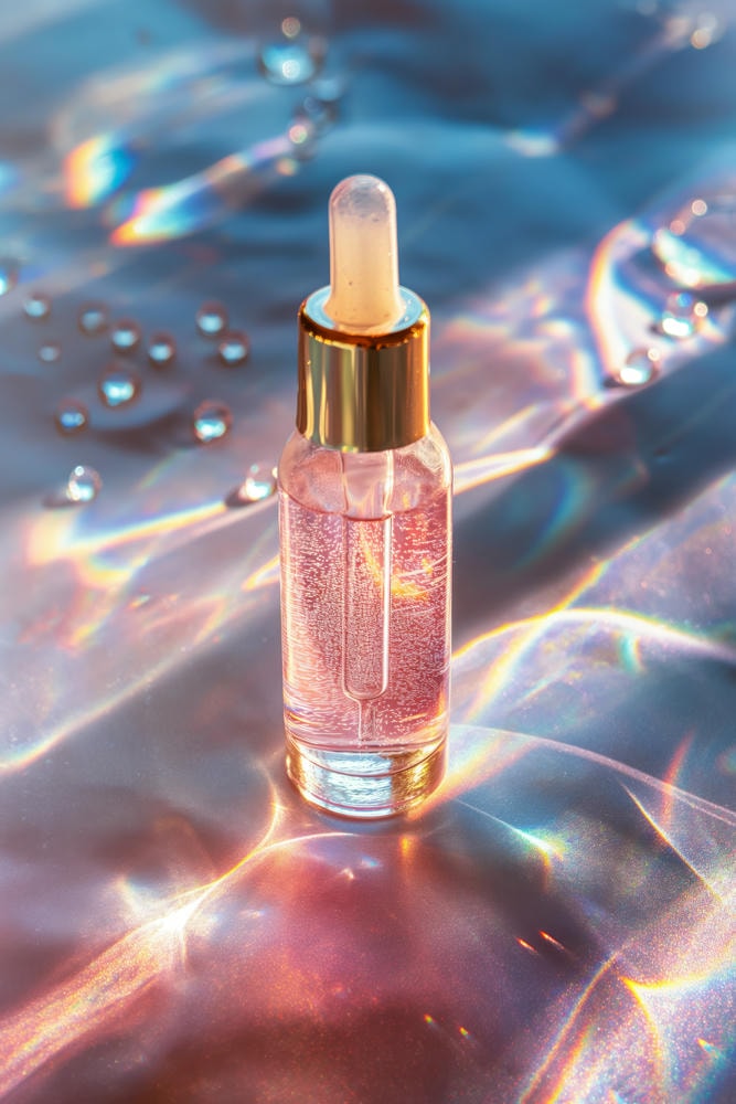 angel liquid. Chai nhỏ giọt thủy tinh trong suốt với chất lỏng và bọt khí oxy trên nền có giọt mỹ phẩm dưới ánh sáng mặt trời AI tạo sinh