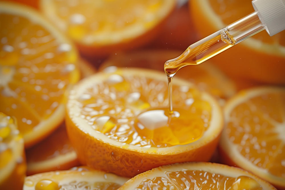 ascorbic acid. Serum mỹ phẩm nhỏ giọt lên lát cam tươi
