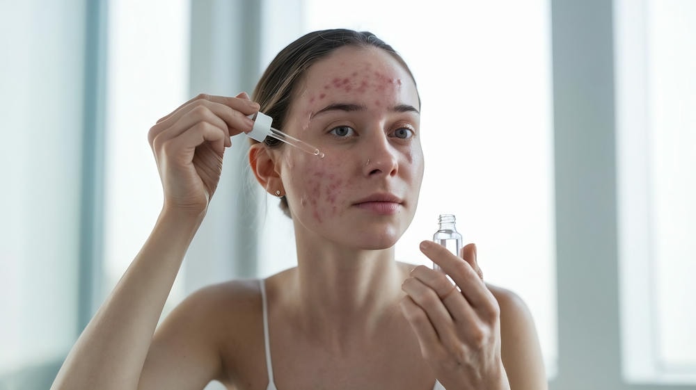 Hình ảnh này cho thấy ứng dụng của benzoyl như một dạng serum trị mụn thâm, khẳng định vai trò của các sản phẩm serum trị mụn hiệu quả trong liệu trình chăm sóc da chuyên sâu.