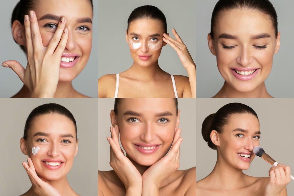 các bước skincare. Hình ảnh này cho thấy một phụ nữ trẻ đang thoa các sản phẩm trang điểm và chăm sóc da khác nhau lên khuôn mặt của mình