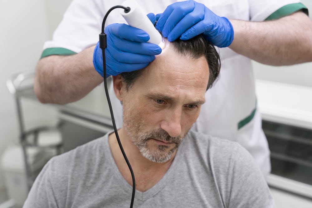 Ảnh này thể hiện hair loss specialist near me với Chuyên gia điều trị rụng tóc uy tín đang tiến hành điều trị rụng tóc, đồng thời khẳng định vai trò của Chuyên gia da liễu thẩm mỹ trong chữa rụng tóc hiện đại.