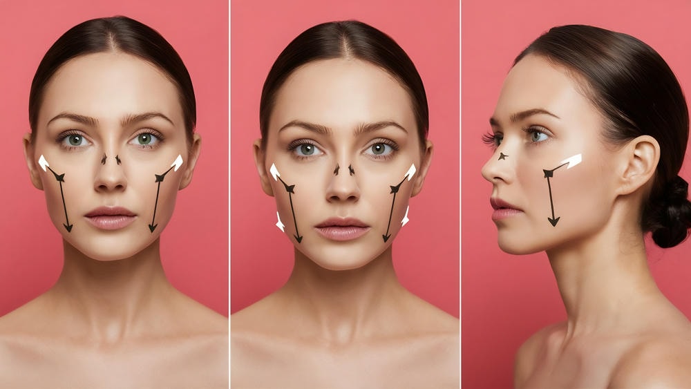 tiêm tan mỡ. Collage khái niệm thẩm mỹ viện về chân dung nhìn từ phía trước và bên cạnh của phụ nữ da trắng với các mũi tên trên khuôn mặt