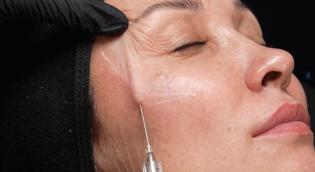 Bức ảnh 'tiem_karisma_bang_canula_03.png' cho thấy kỹ thuật giảm trũng mắt hiệu quả thông qua việc thực hiện các điểm tiêm Karisma chuyên sâu và được chuẩn hóa.